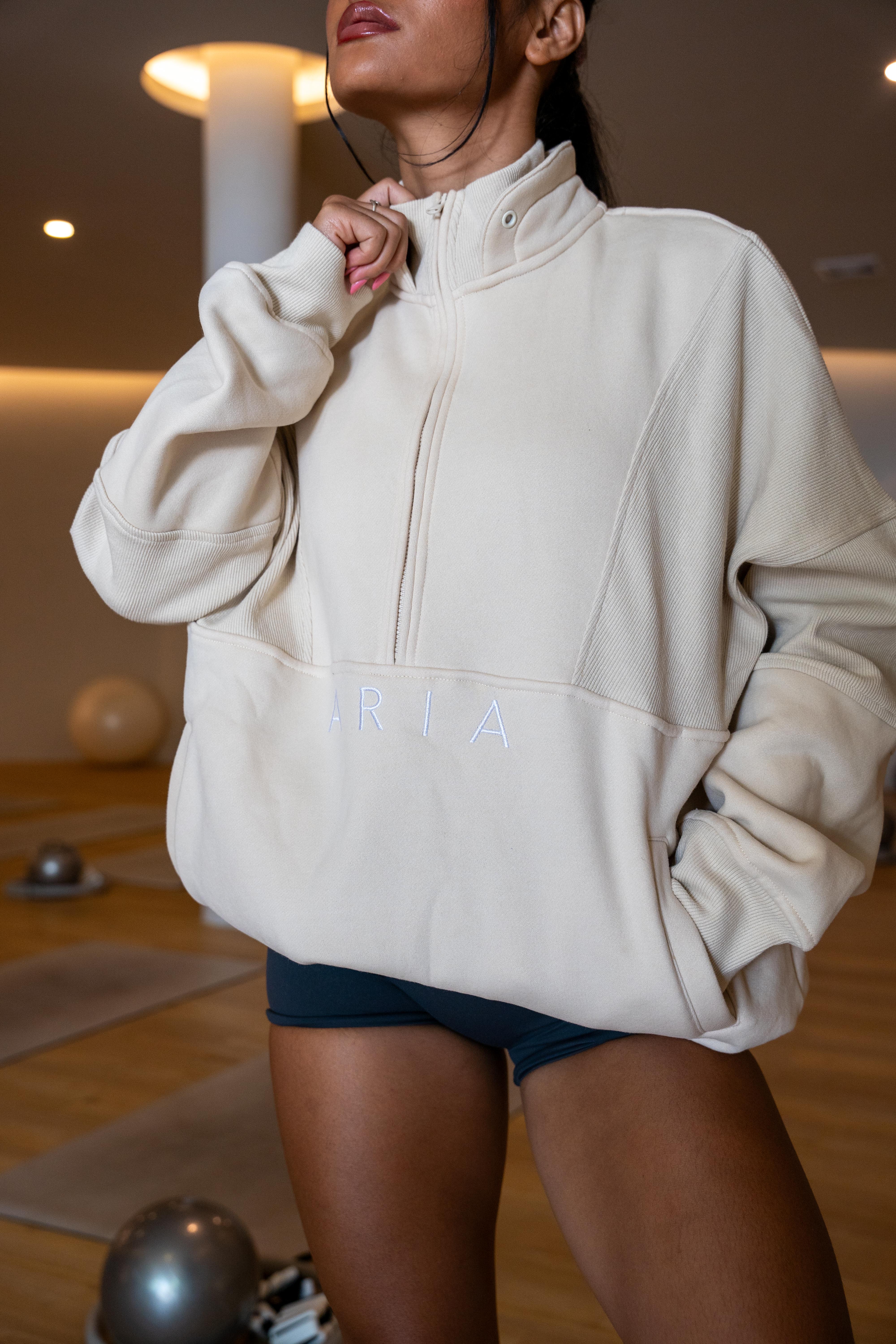 Oversized 1/4 Zip Pullover - Beige